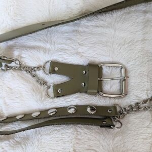 Vintage studded chain leather belt olive green large F104